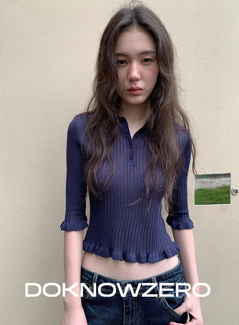 Midnight Ruffle Polo Knit Top