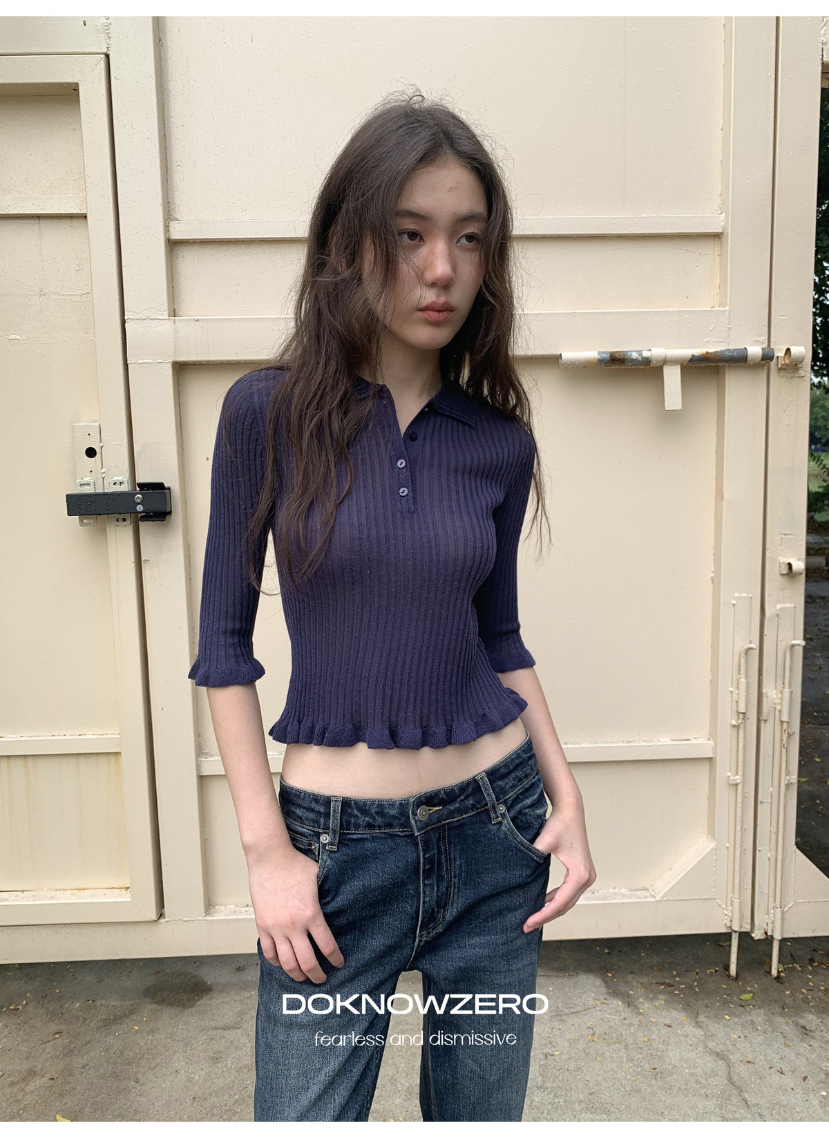 Midnight Ruffle Polo Knit Top