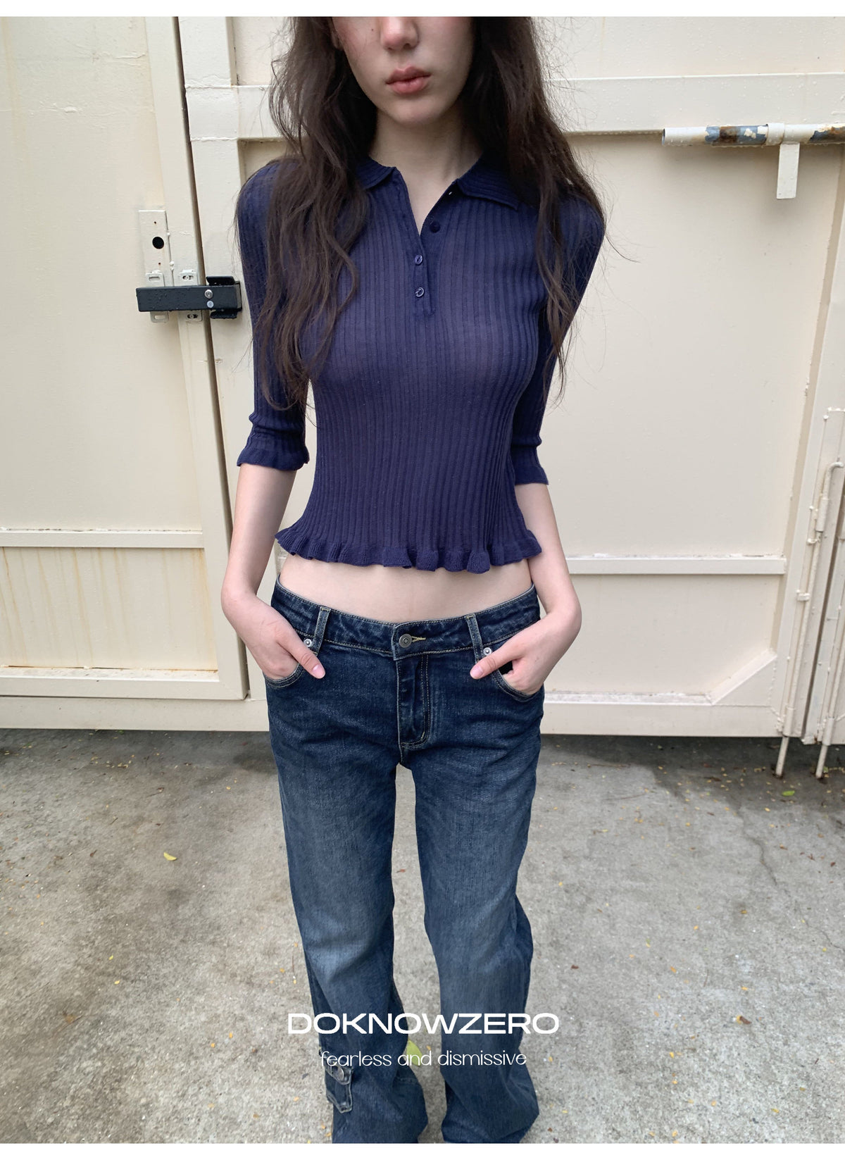 Midnight Ruffle Polo Knit Top