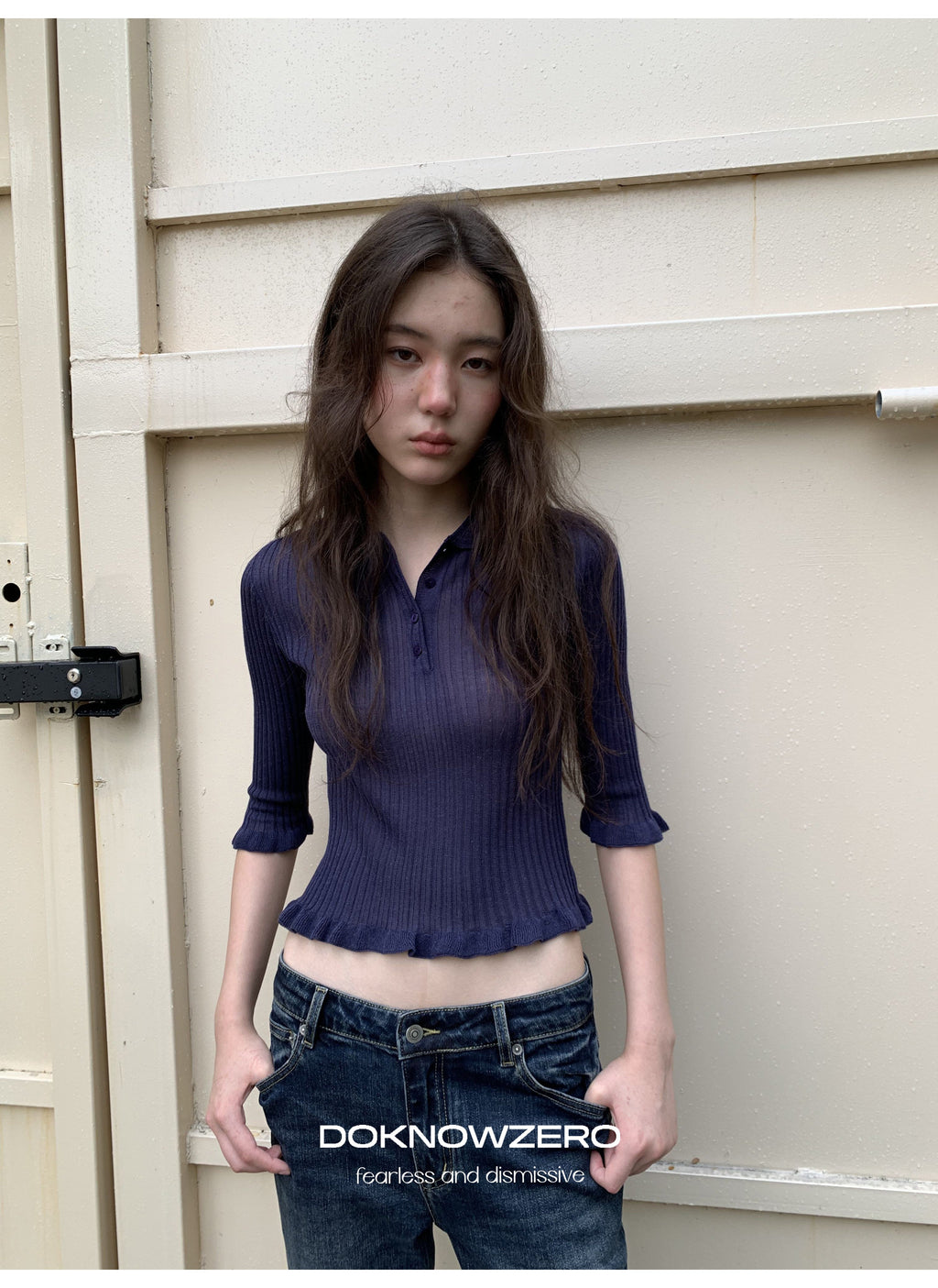 Midnight Ruffle Polo Knit Top