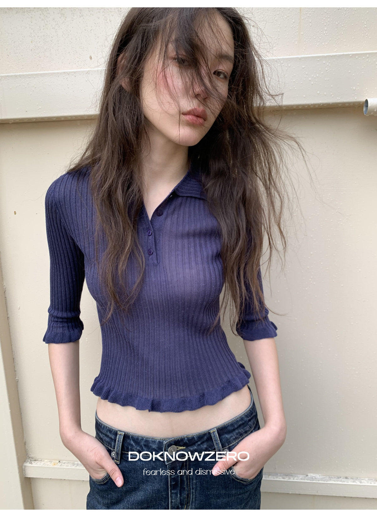 Midnight Ruffle Polo Knit Top