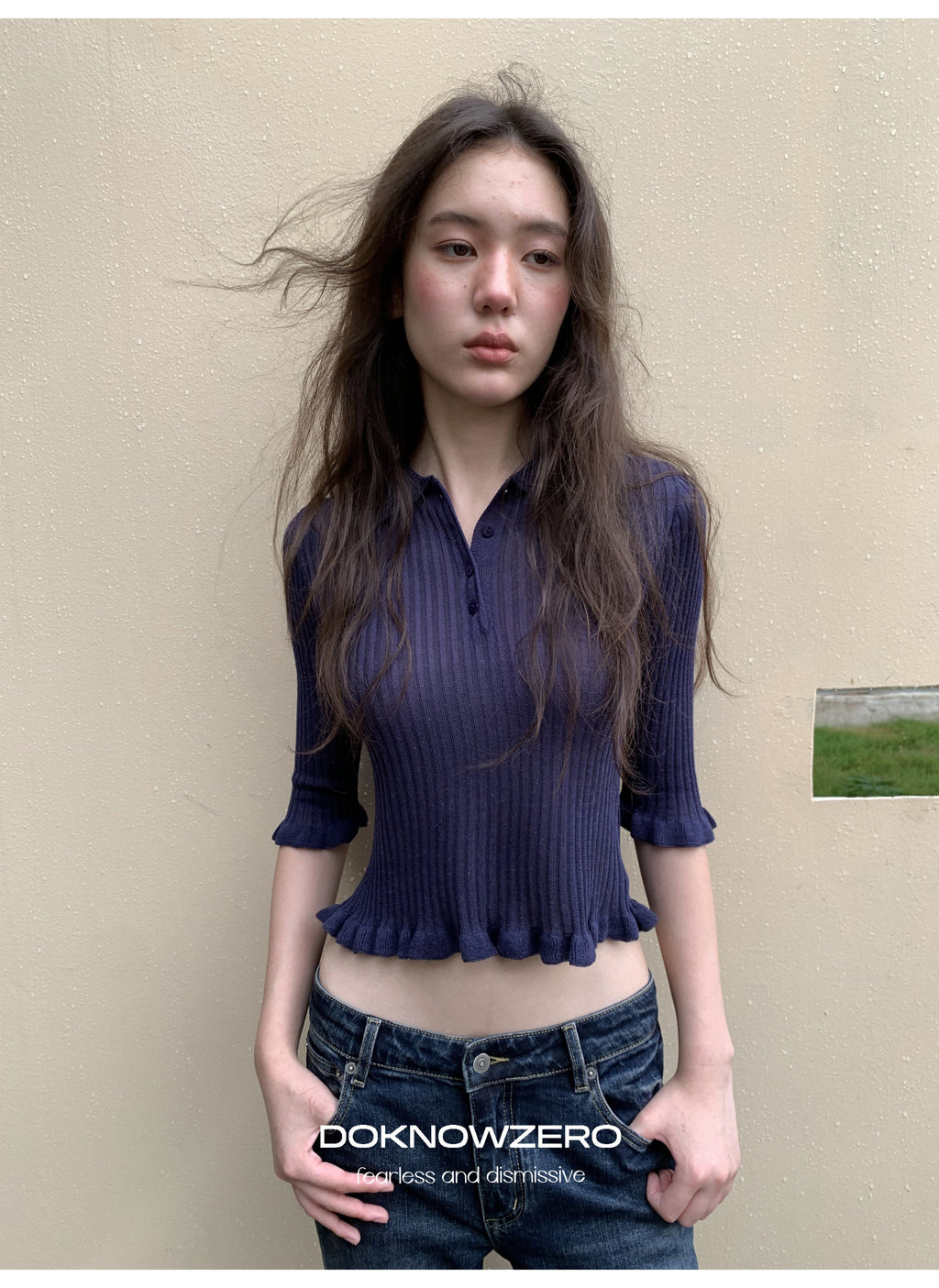 Midnight Ruffle Polo Knit Top