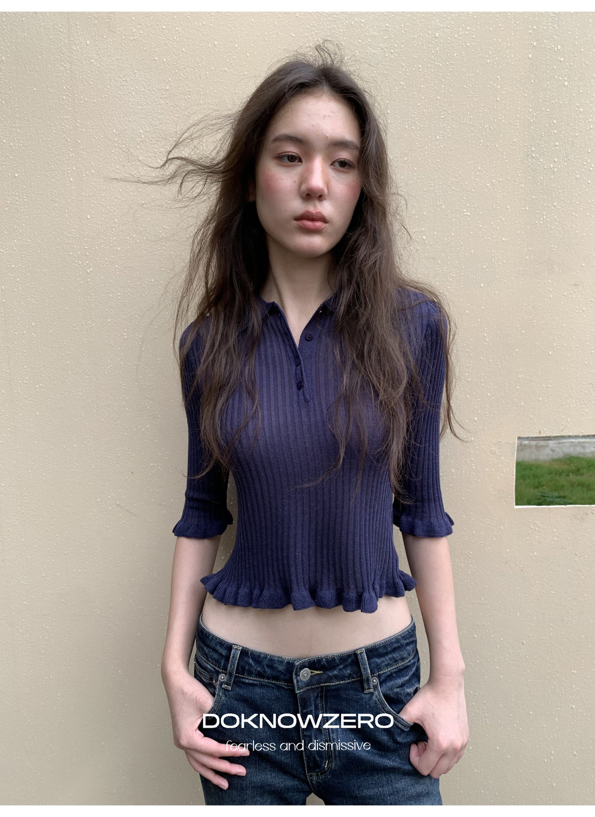 Midnight Ruffle Polo Knit Top