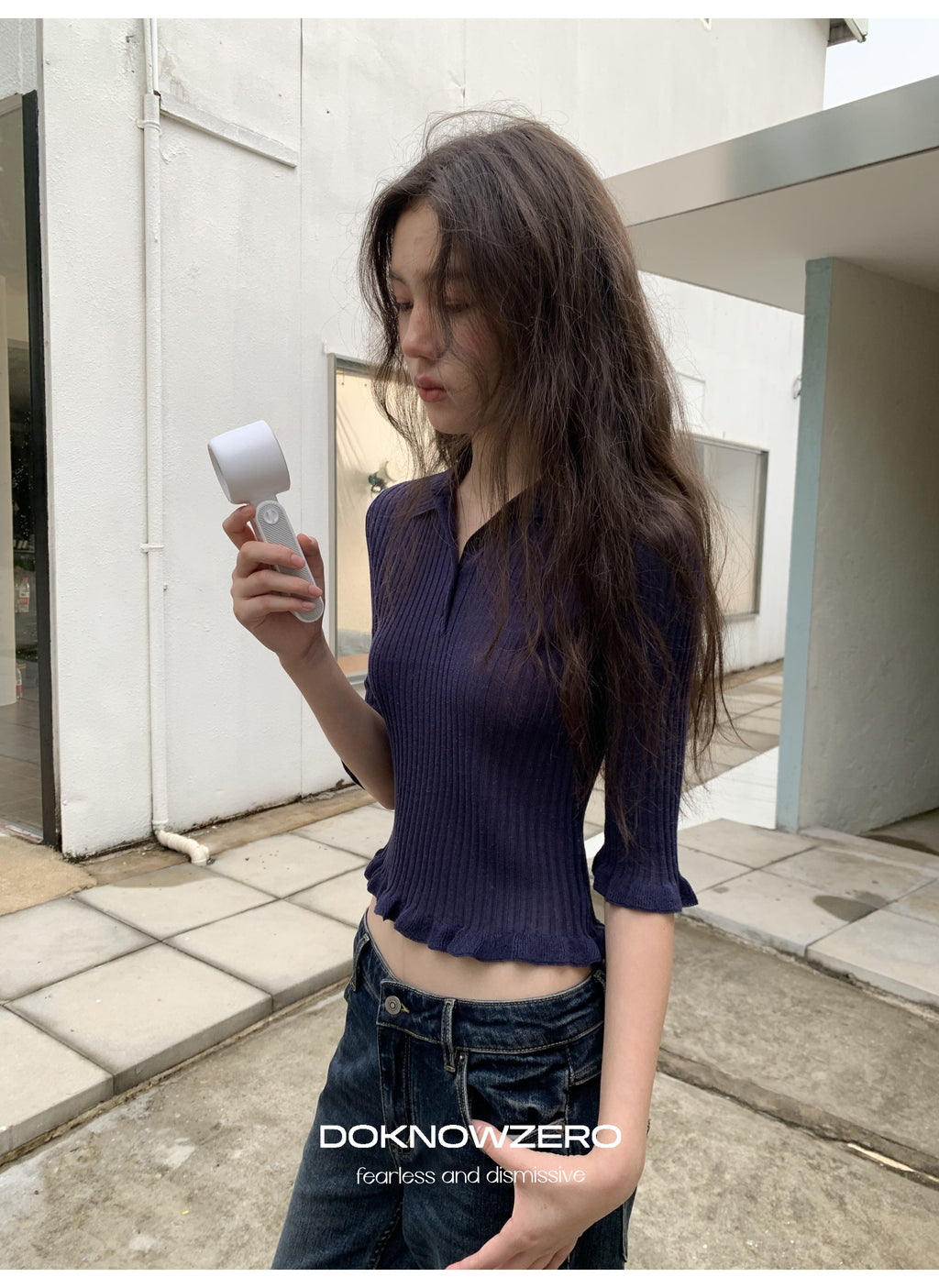 Midnight Ruffle Polo Knit Top
