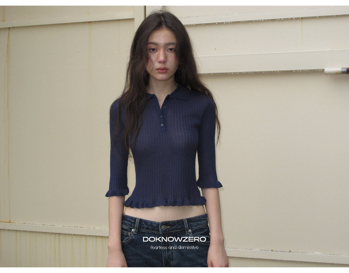 Midnight Ruffle Polo Knit Top