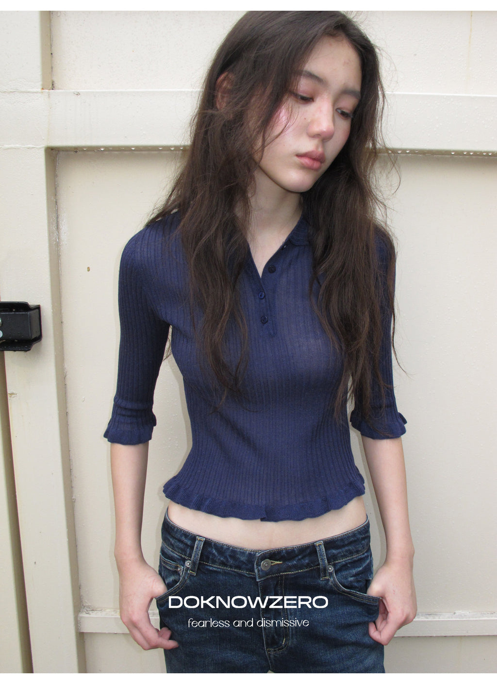 Midnight Ruffle Polo Knit Top