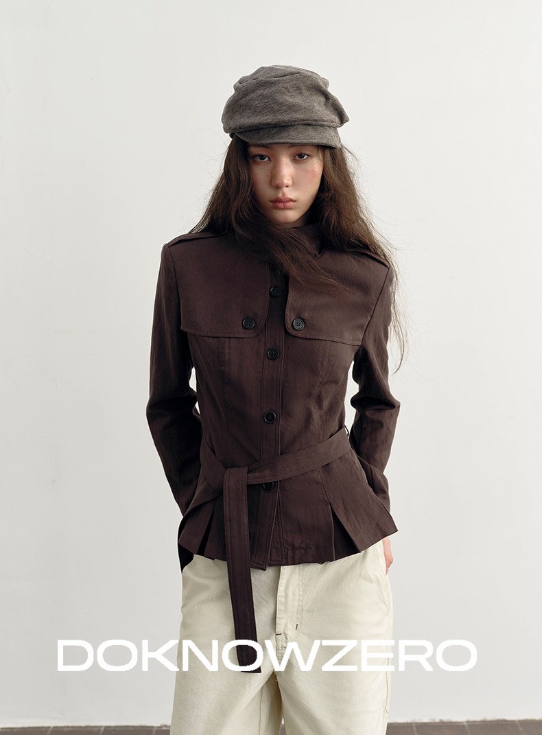 Chestnut Belted Stand Collar Jacket