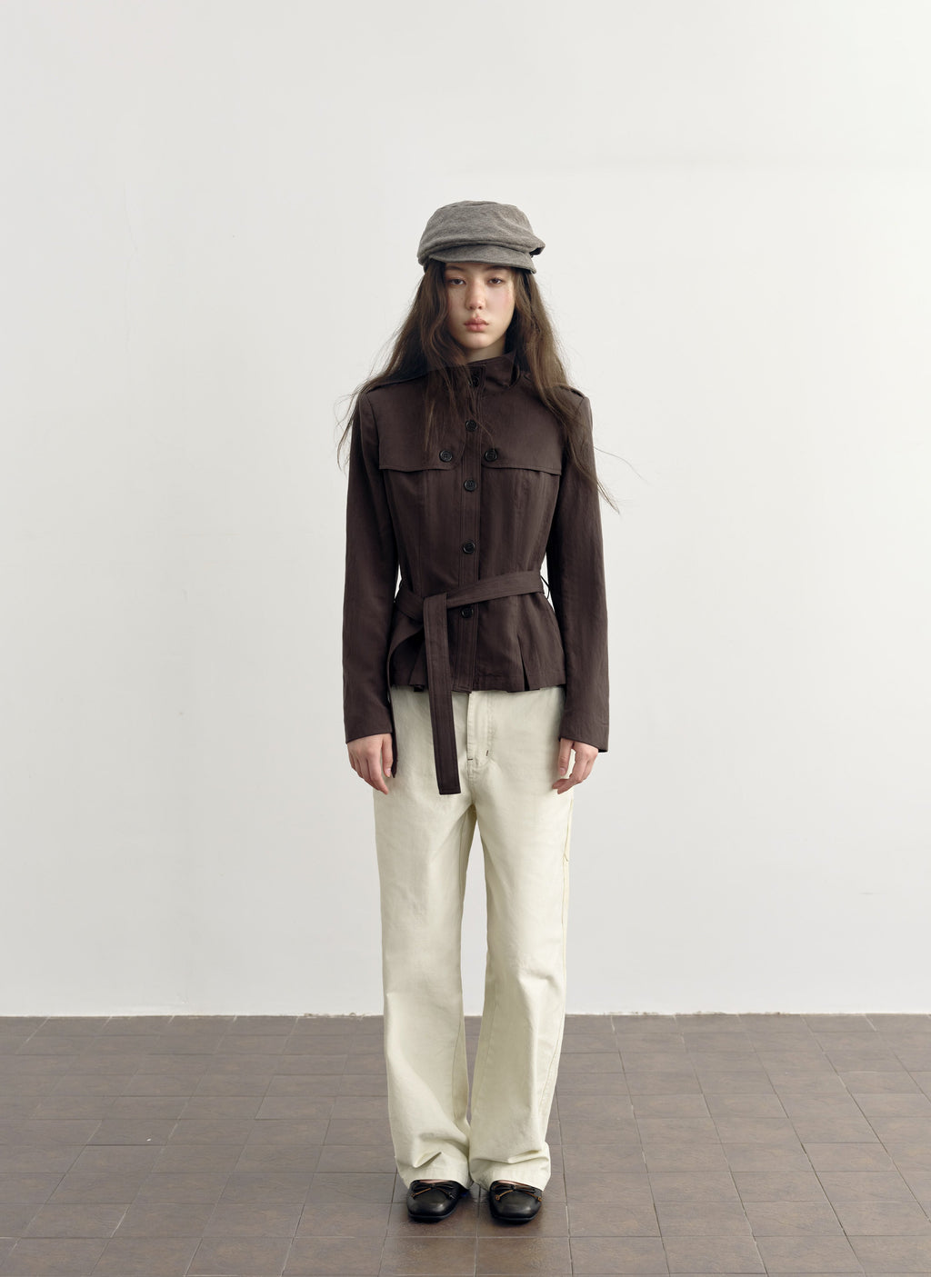 Chestnut Belted Stand Collar Jacket