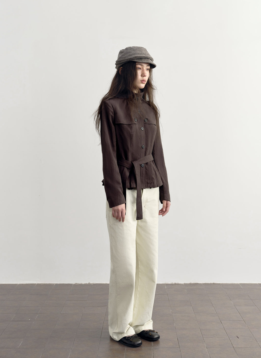 Chestnut Belted Stand Collar Jacket