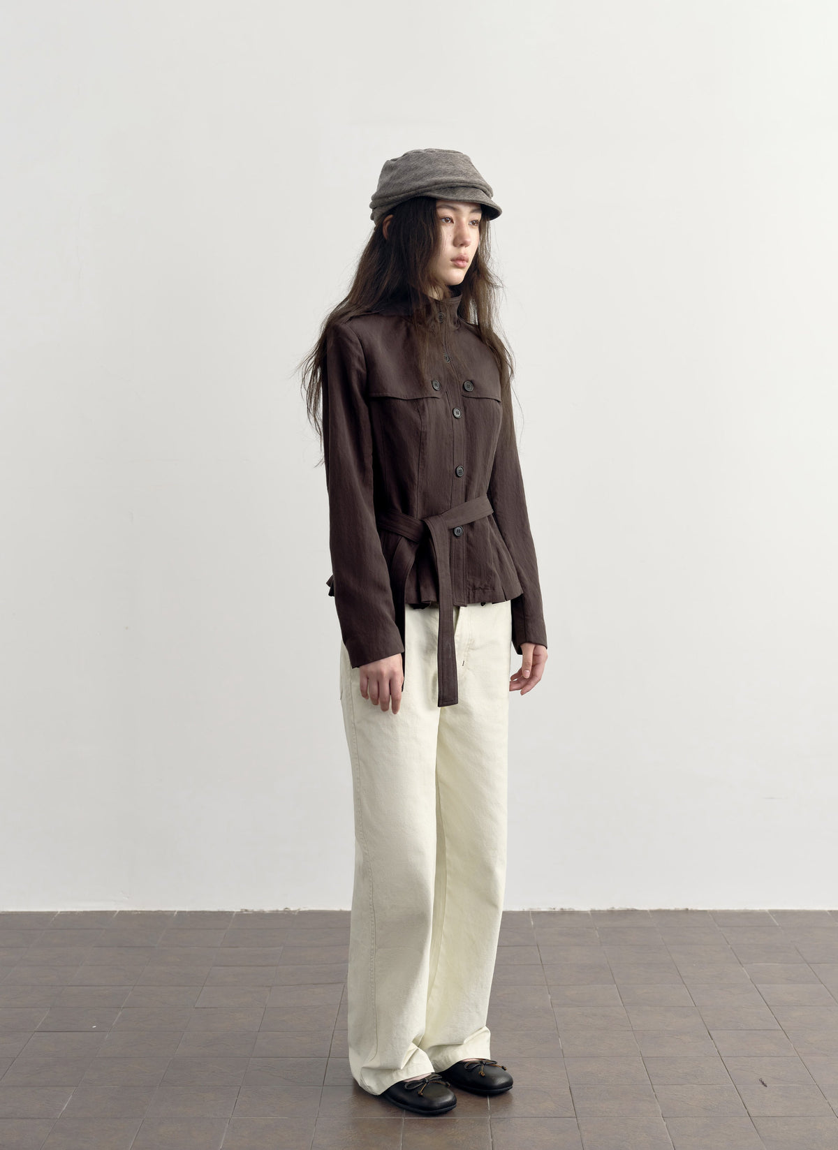 Chestnut Belted Stand Collar Jacket