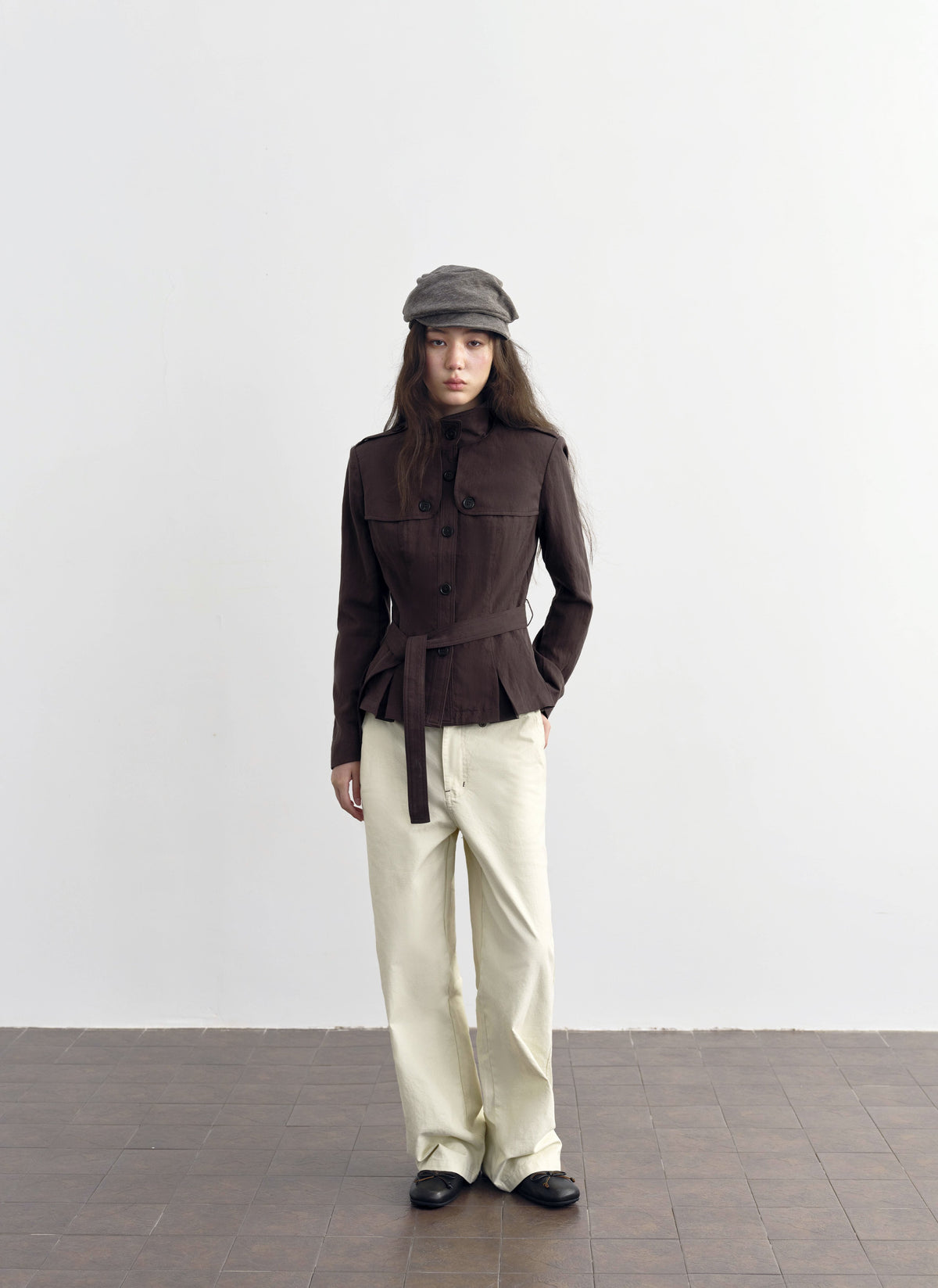Chestnut Belted Stand Collar Jacket