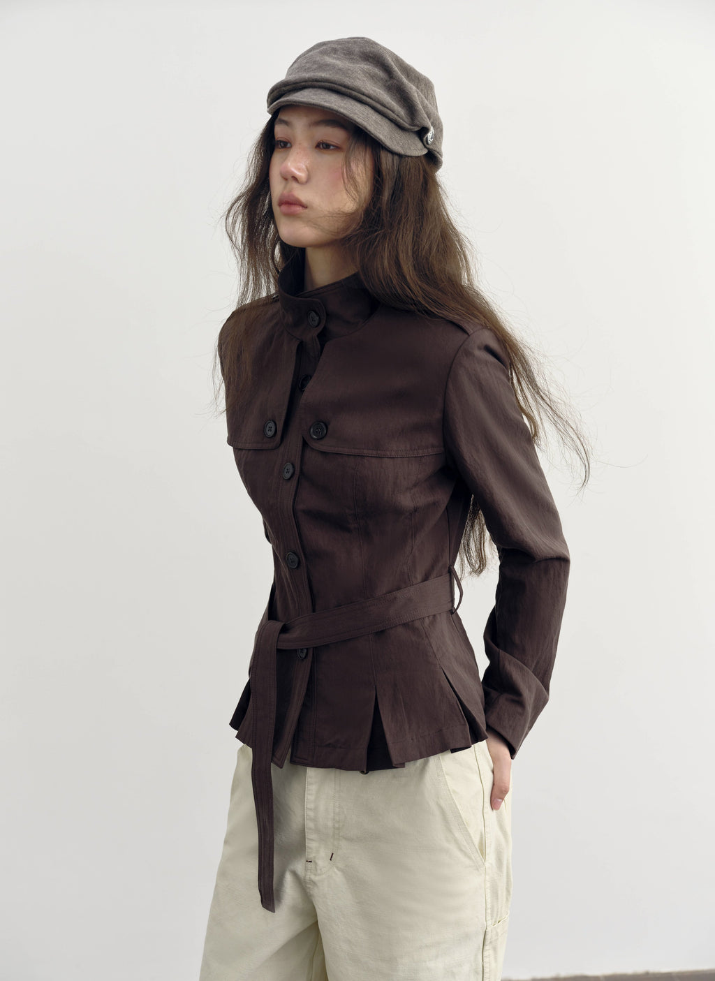 Chestnut Belted Stand Collar Jacket