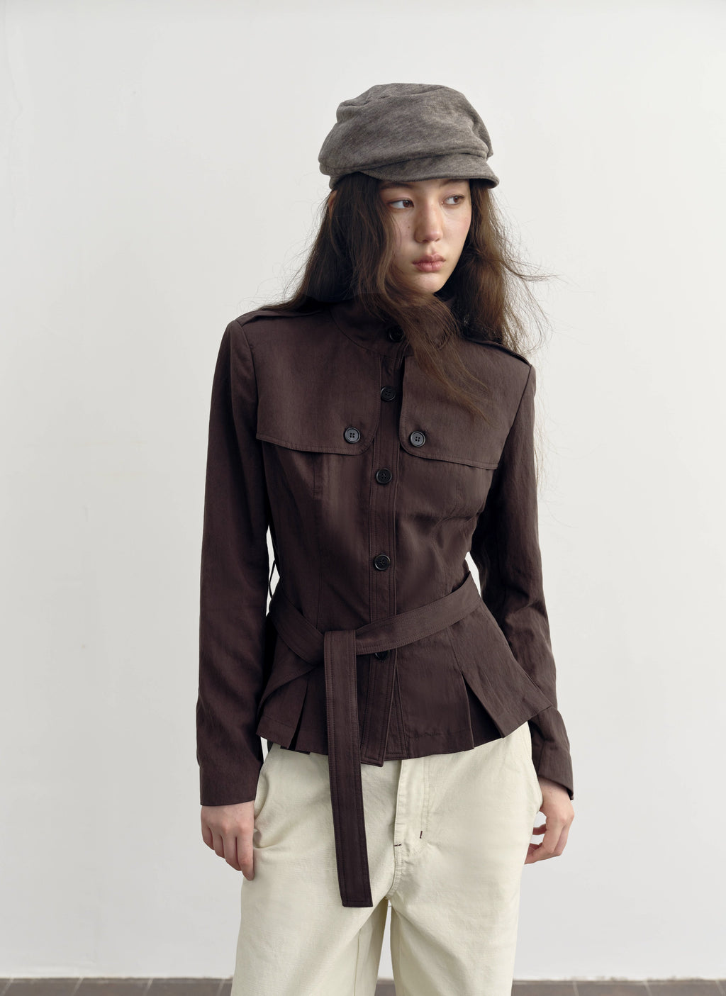 Chestnut Belted Stand Collar Jacket