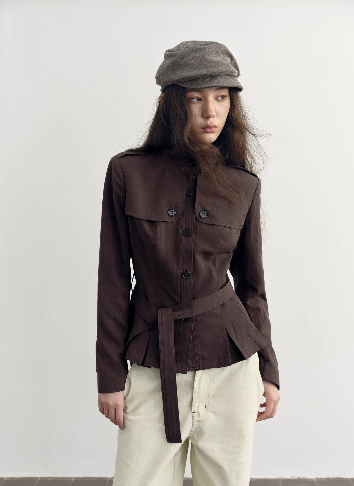 Chestnut Belted Stand Collar Jacket