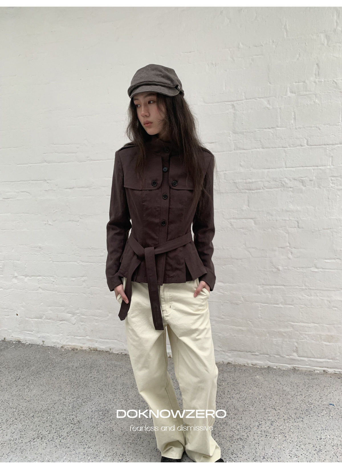 Chestnut Belted Stand Collar Jacket