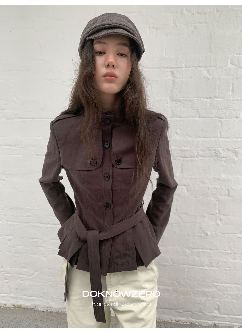 Chestnut Belted Stand Collar Jacket