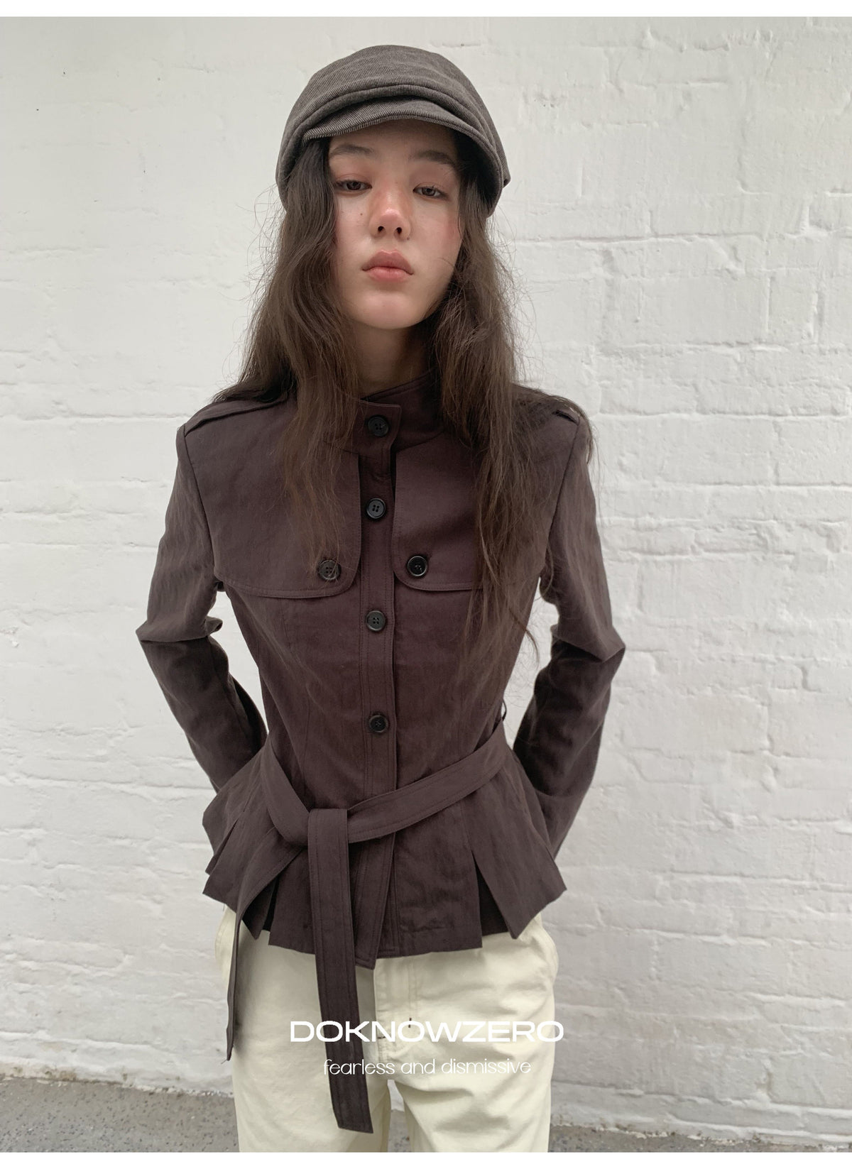 Chestnut Belted Stand Collar Jacket