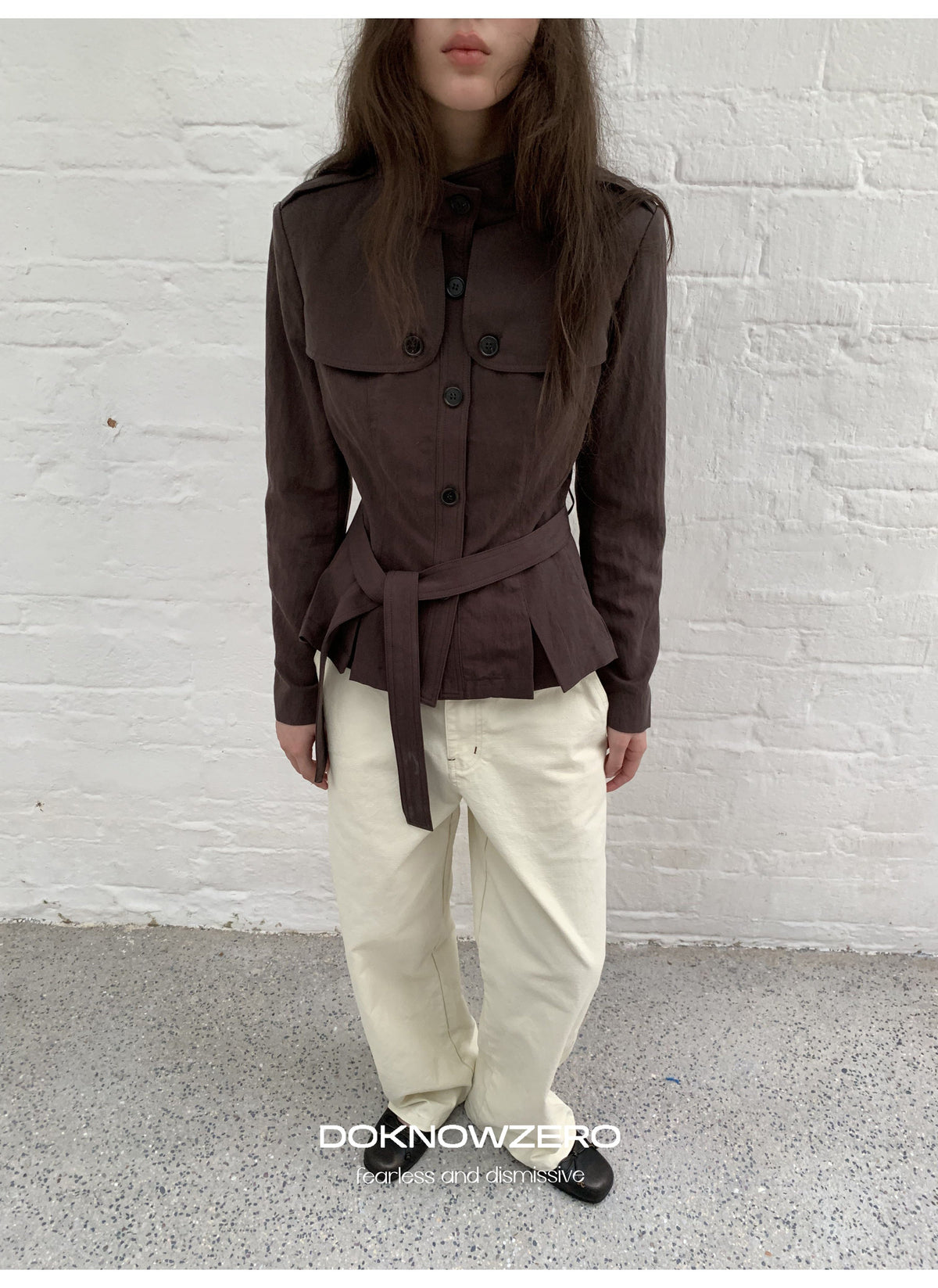 Chestnut Belted Stand Collar Jacket