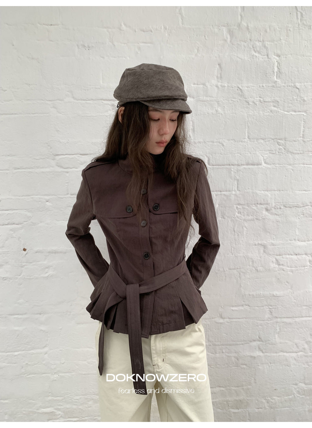 Chestnut Belted Stand Collar Jacket