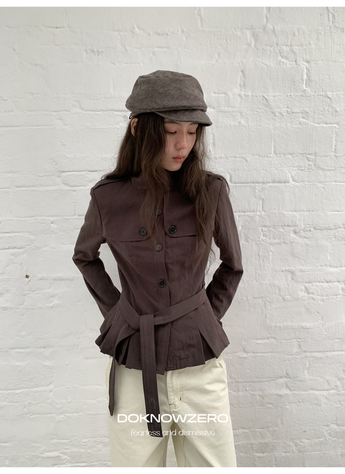 Chestnut Belted Stand Collar Jacket