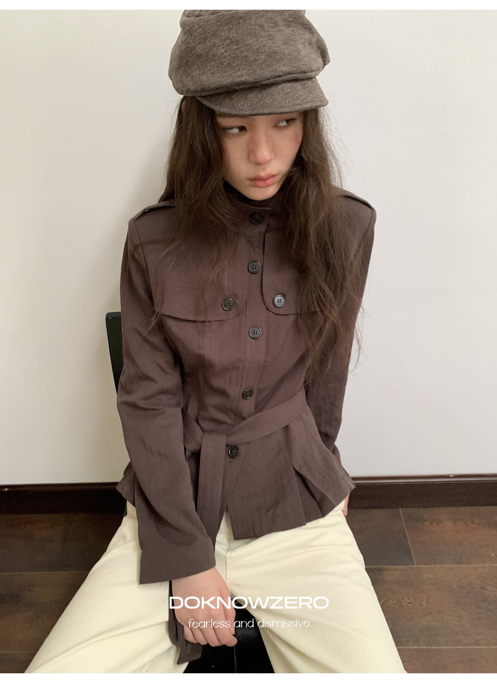 Chestnut Belted Stand Collar Jacket