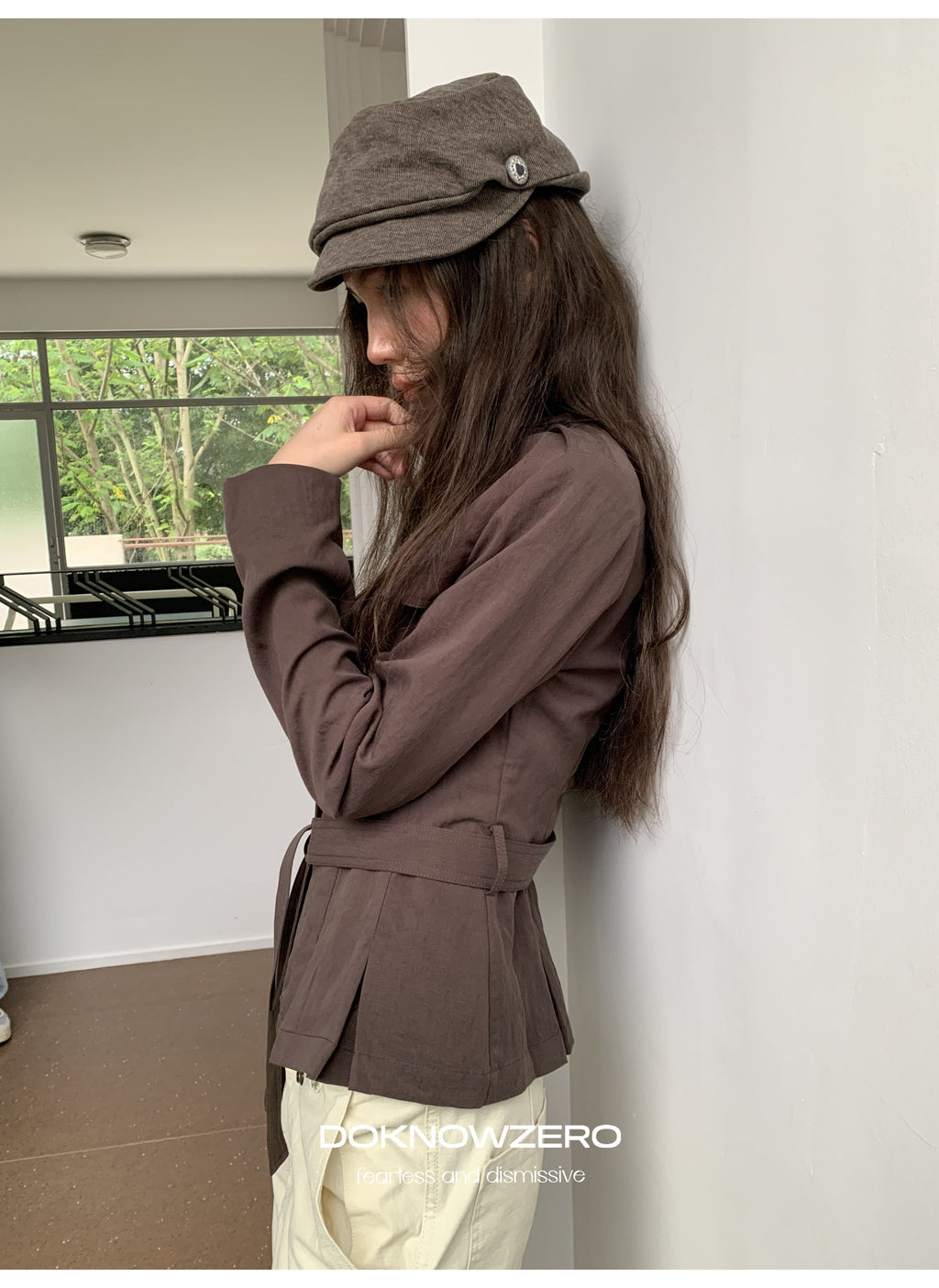 Chestnut Belted Stand Collar Jacket