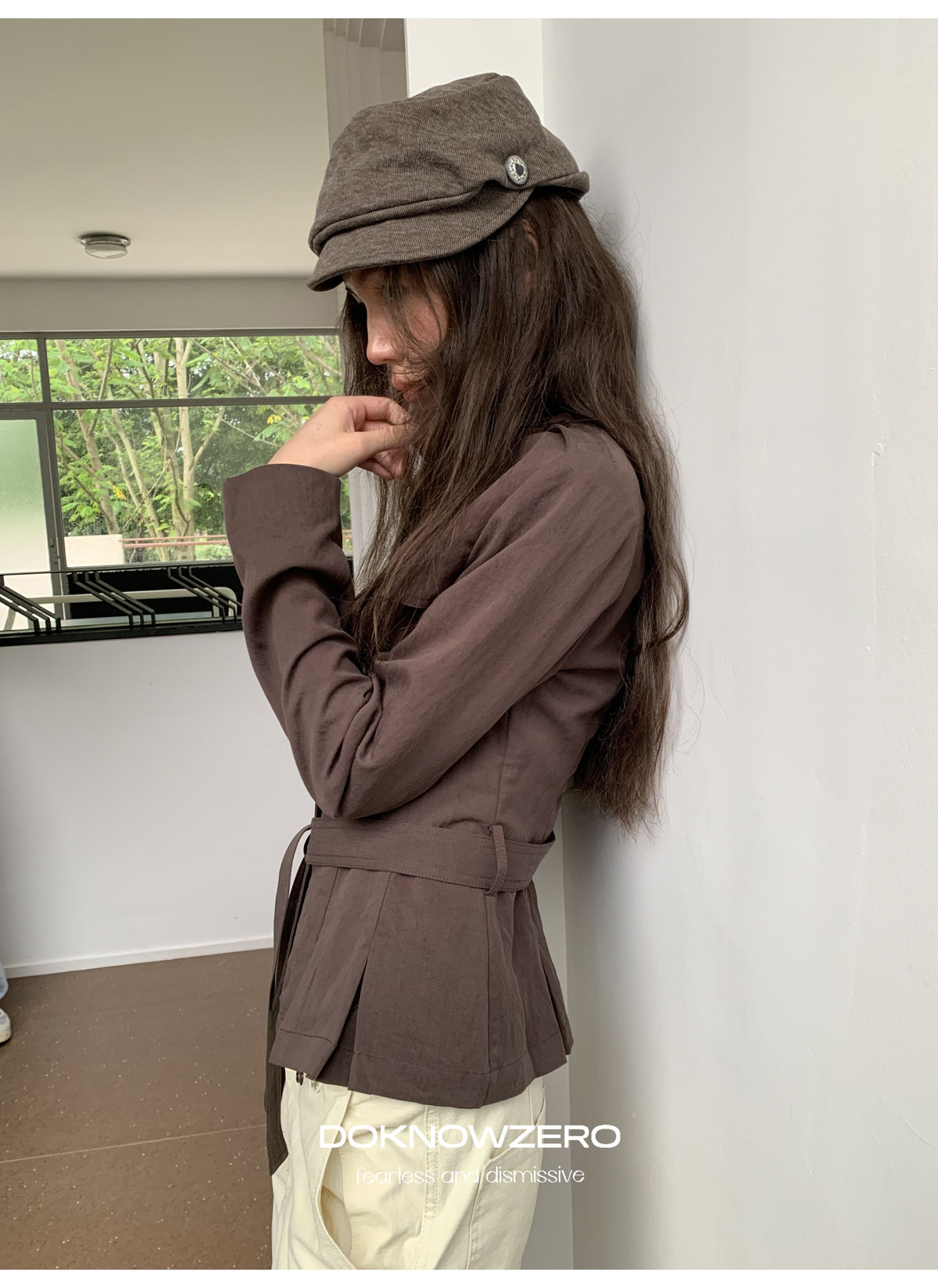 Chestnut Belted Stand Collar Jacket