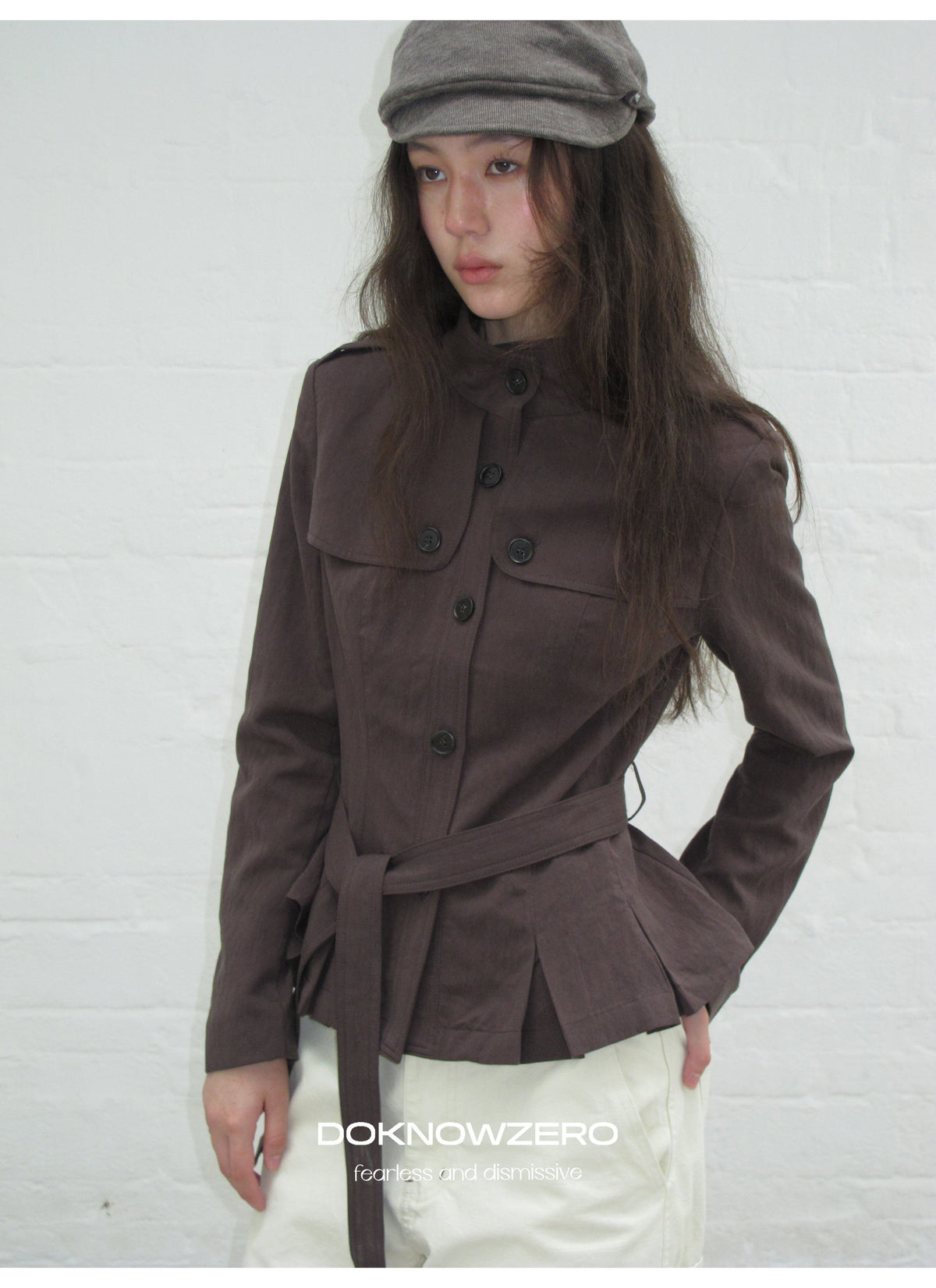 Chestnut Belted Stand Collar Jacket