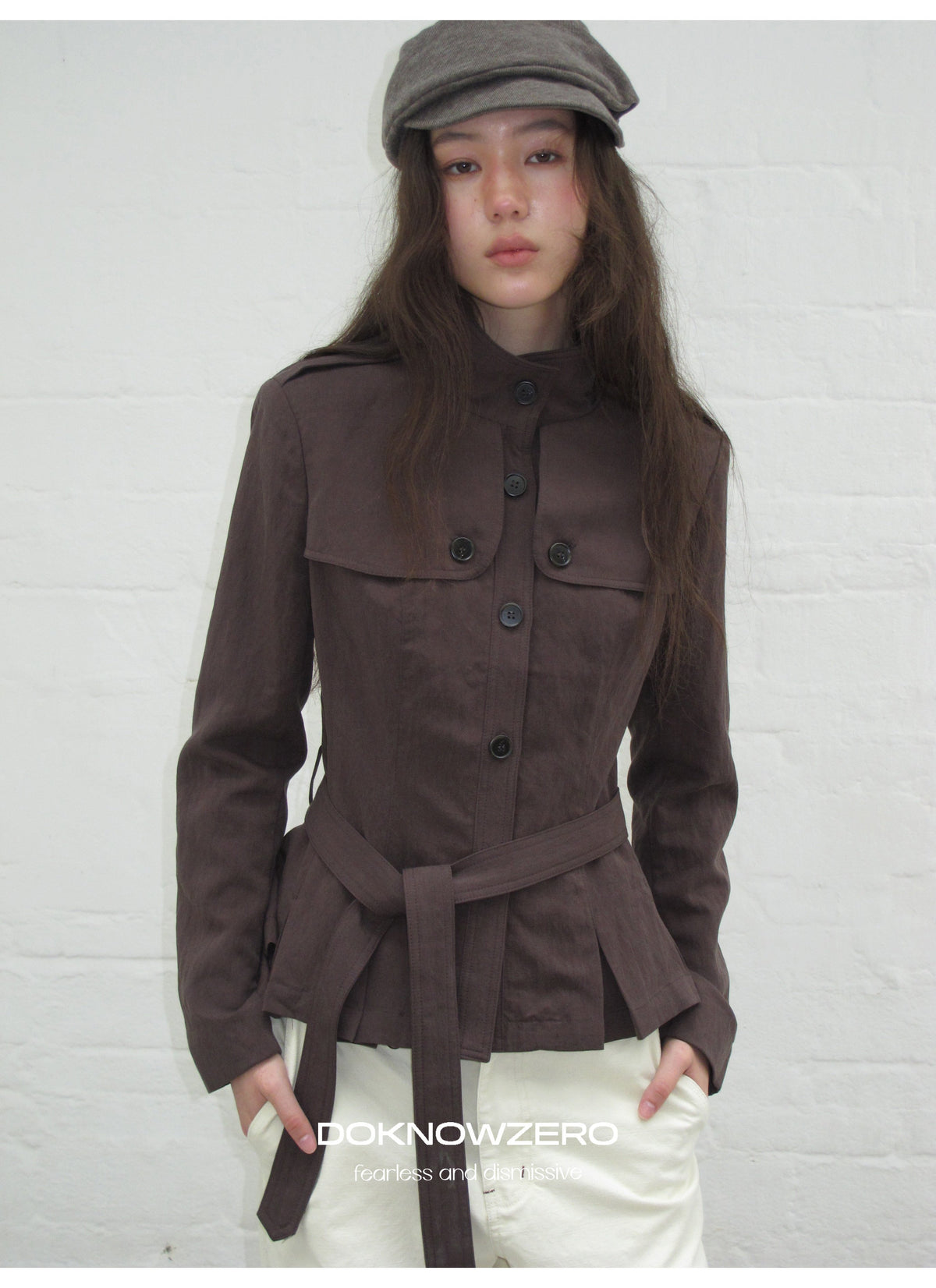 Chestnut Belted Stand Collar Jacket