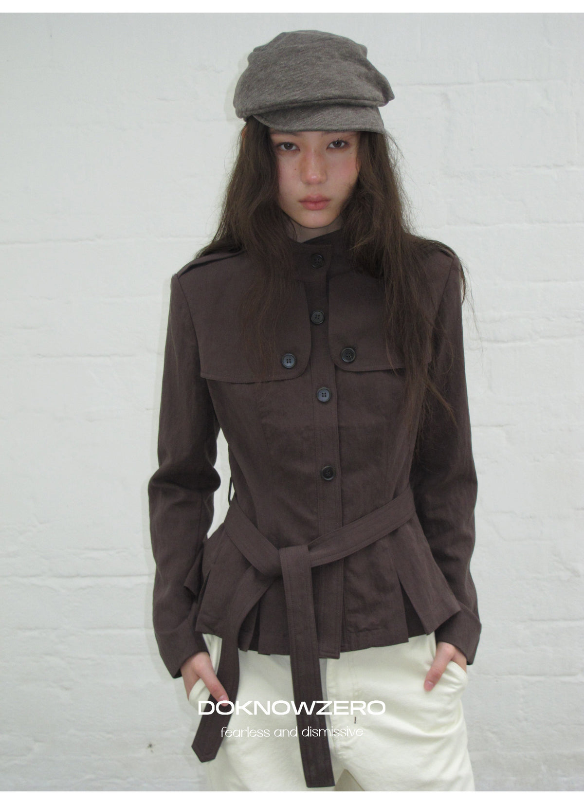 Chestnut Belted Stand Collar Jacket