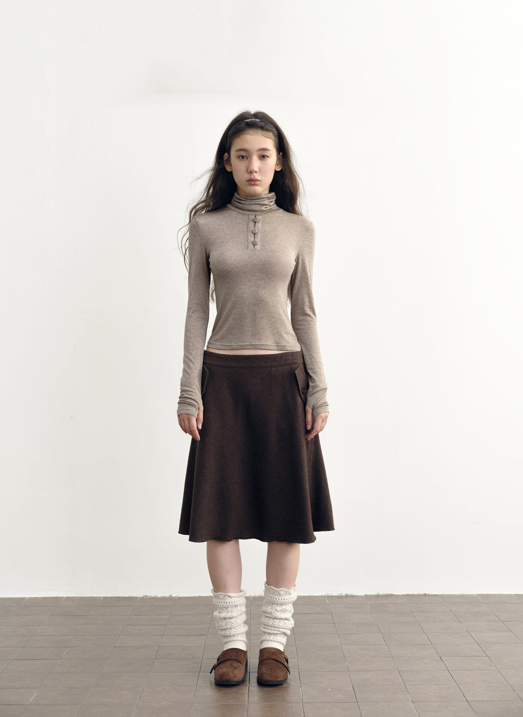 Camel Button Turtleneck Top