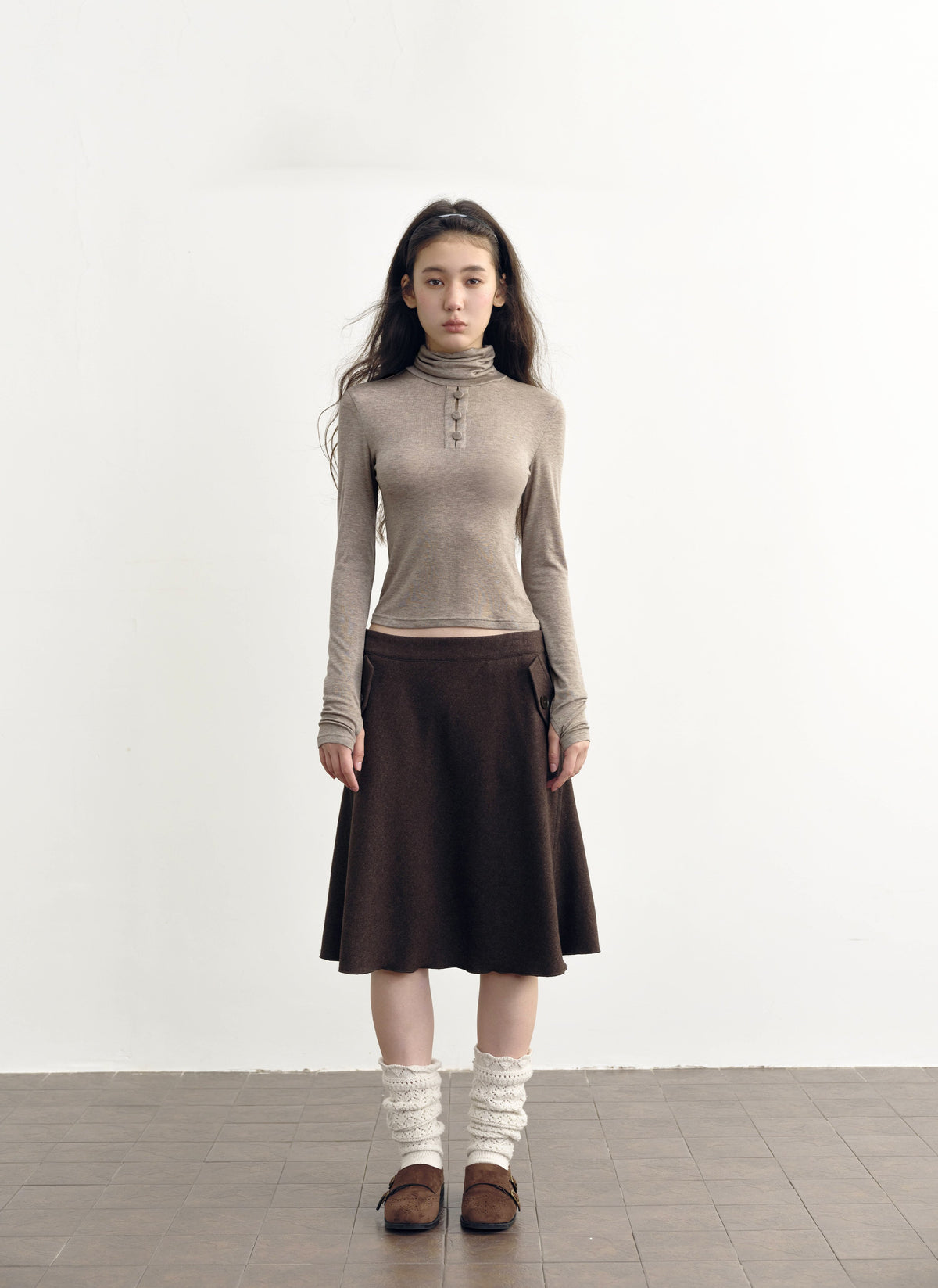 Camel Button Turtleneck Top