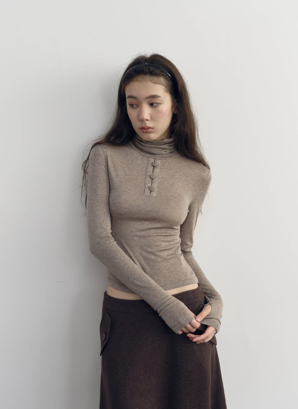 Camel Button Turtleneck Top