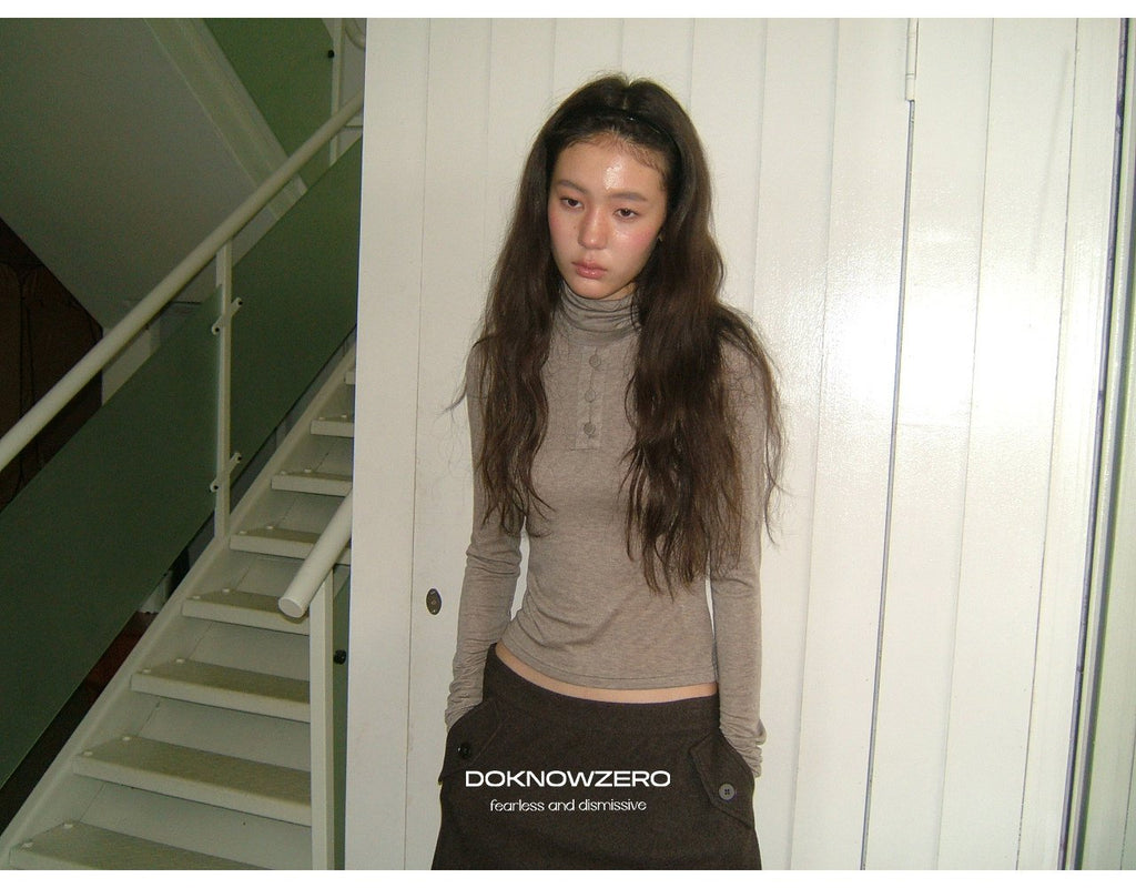 Camel Button Turtleneck Top
