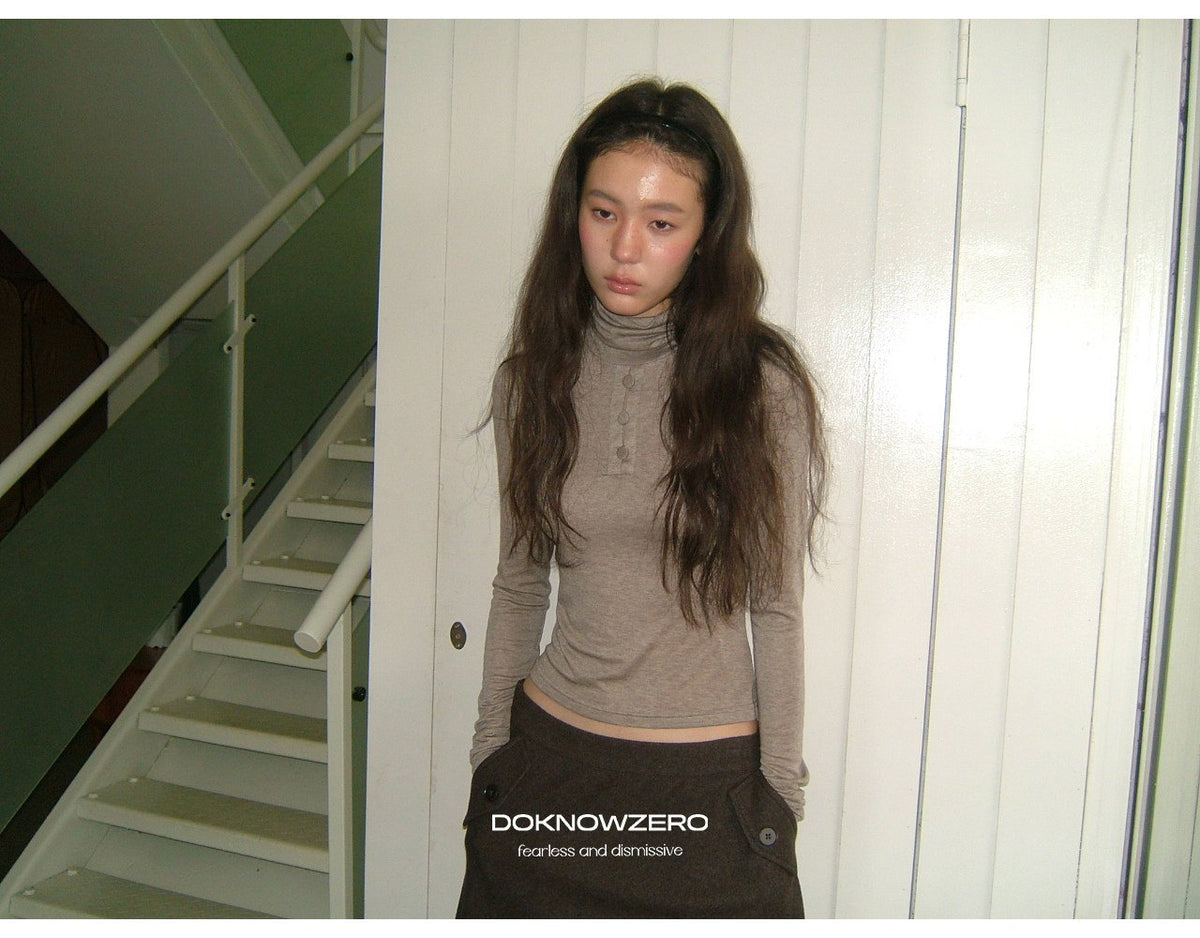 Camel Button Turtleneck Top