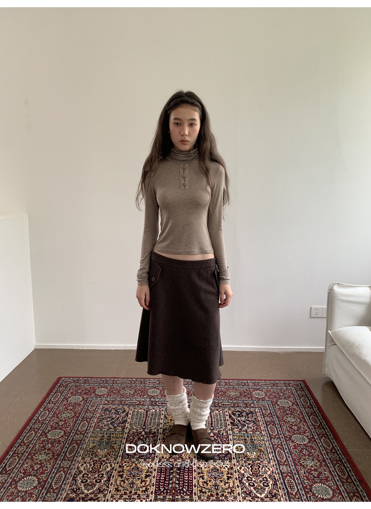 Camel Button Turtleneck Top