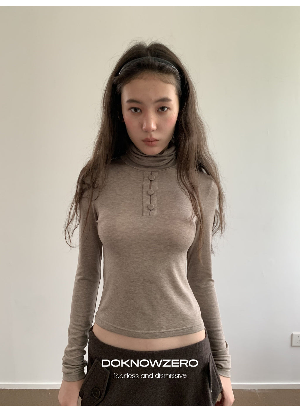 Camel Button Turtleneck Top