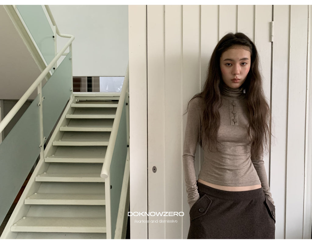Camel Button Turtleneck Top