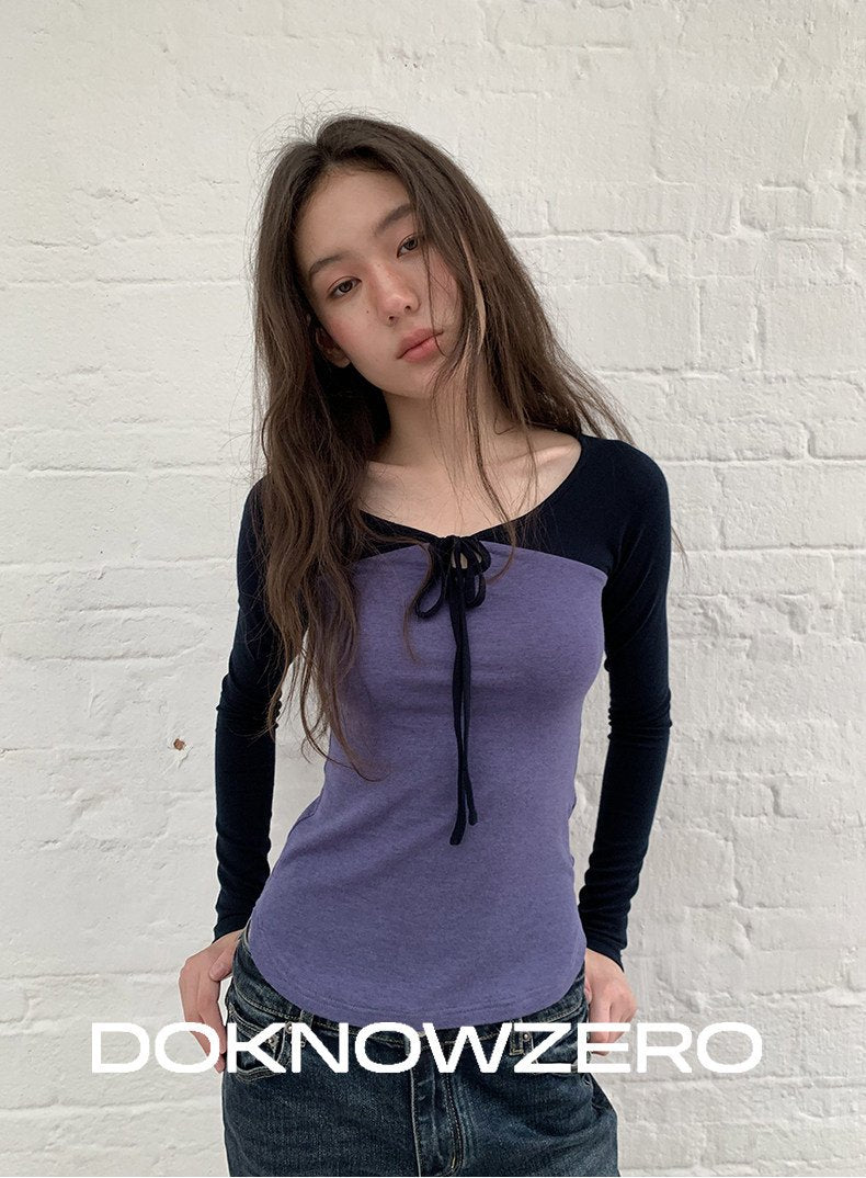 Colorblock Tie Neck Top
