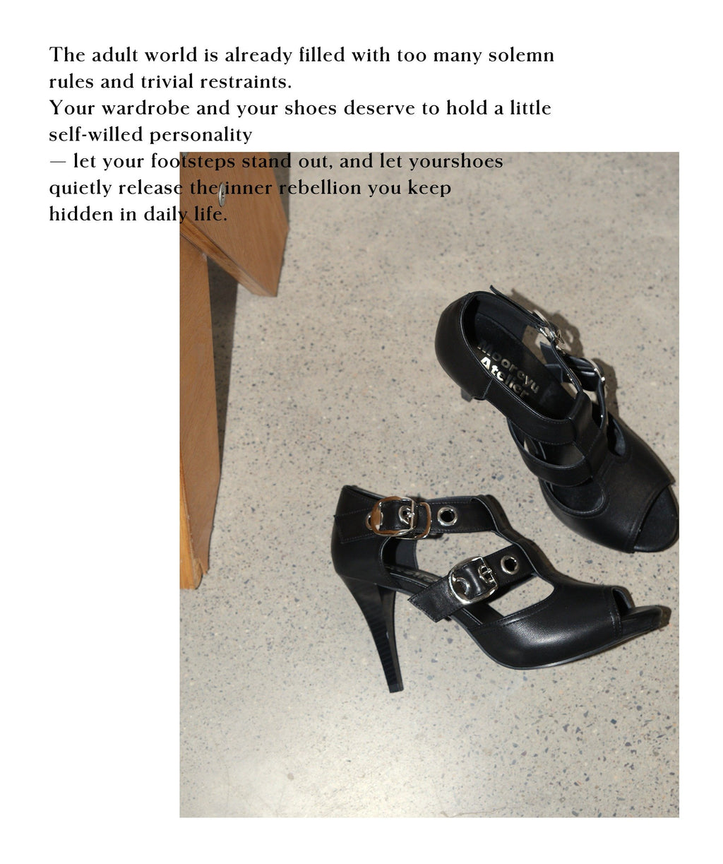 Double Buckle Peep Toe Heels Black