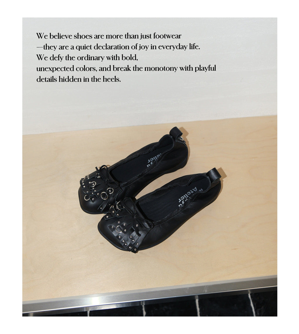 Rebel Bow Studded Ballet Flats Black