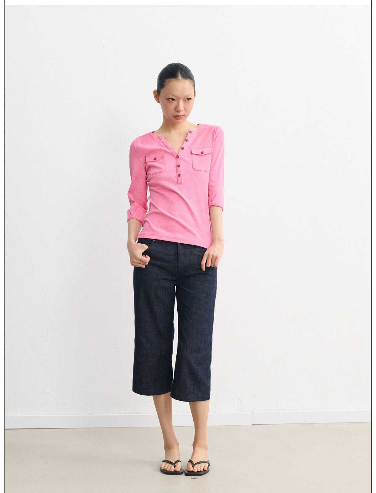 Henley Pocket Trim Top (2color)