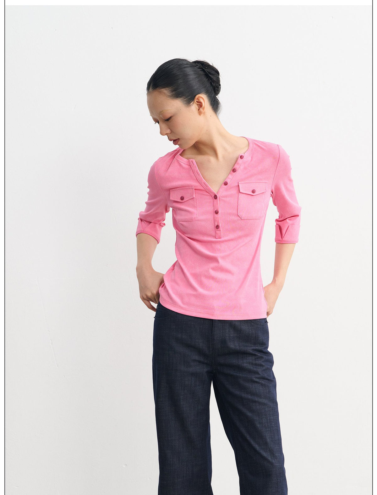 Henley Pocket Trim Top (2color)