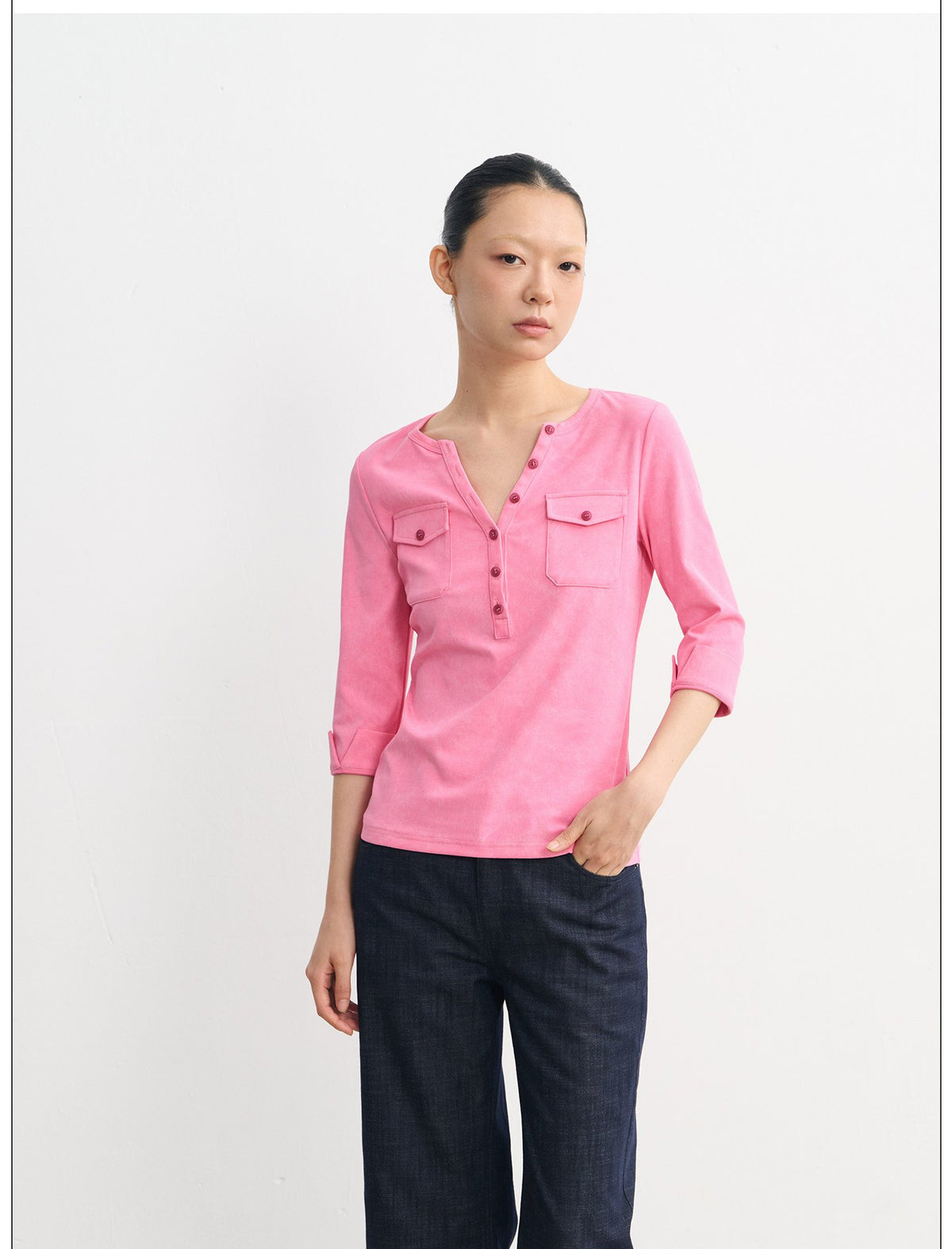 Henley Pocket Trim Top (2color)