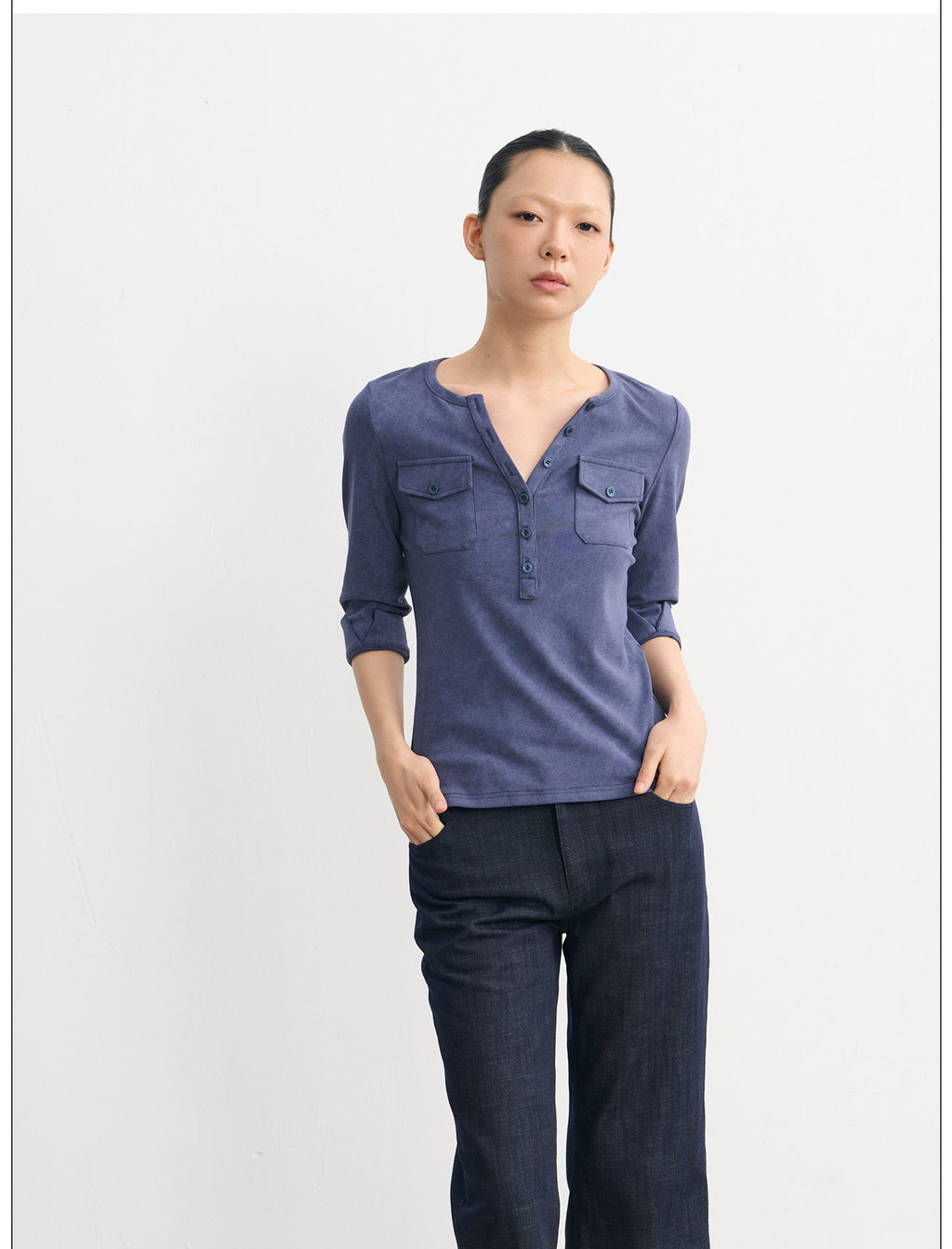 Henley Pocket Trim Top (2color)