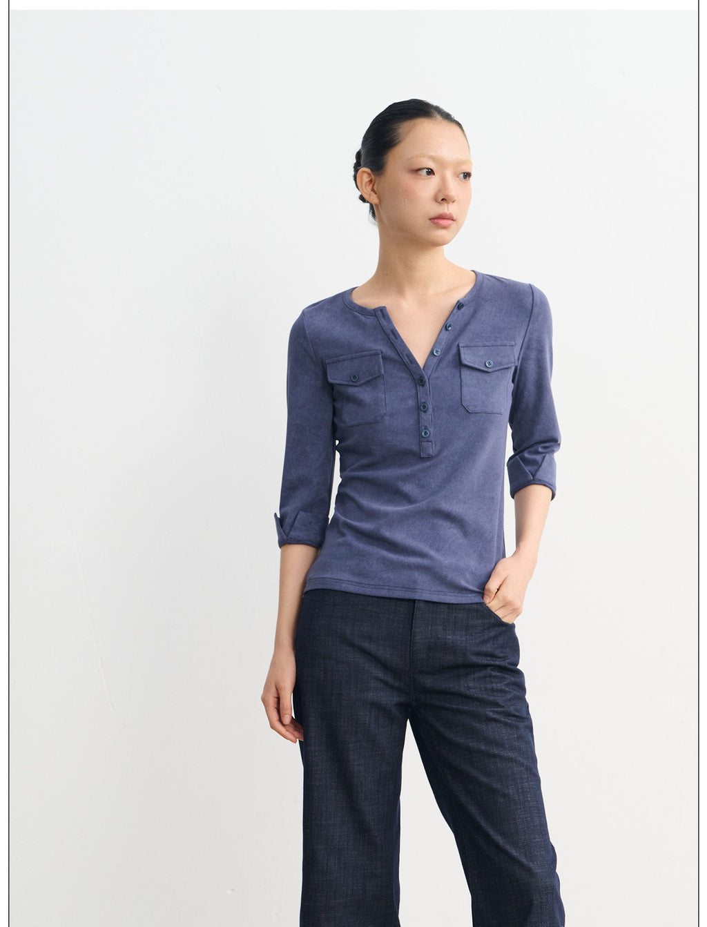 Henley Pocket Trim Top (2color)