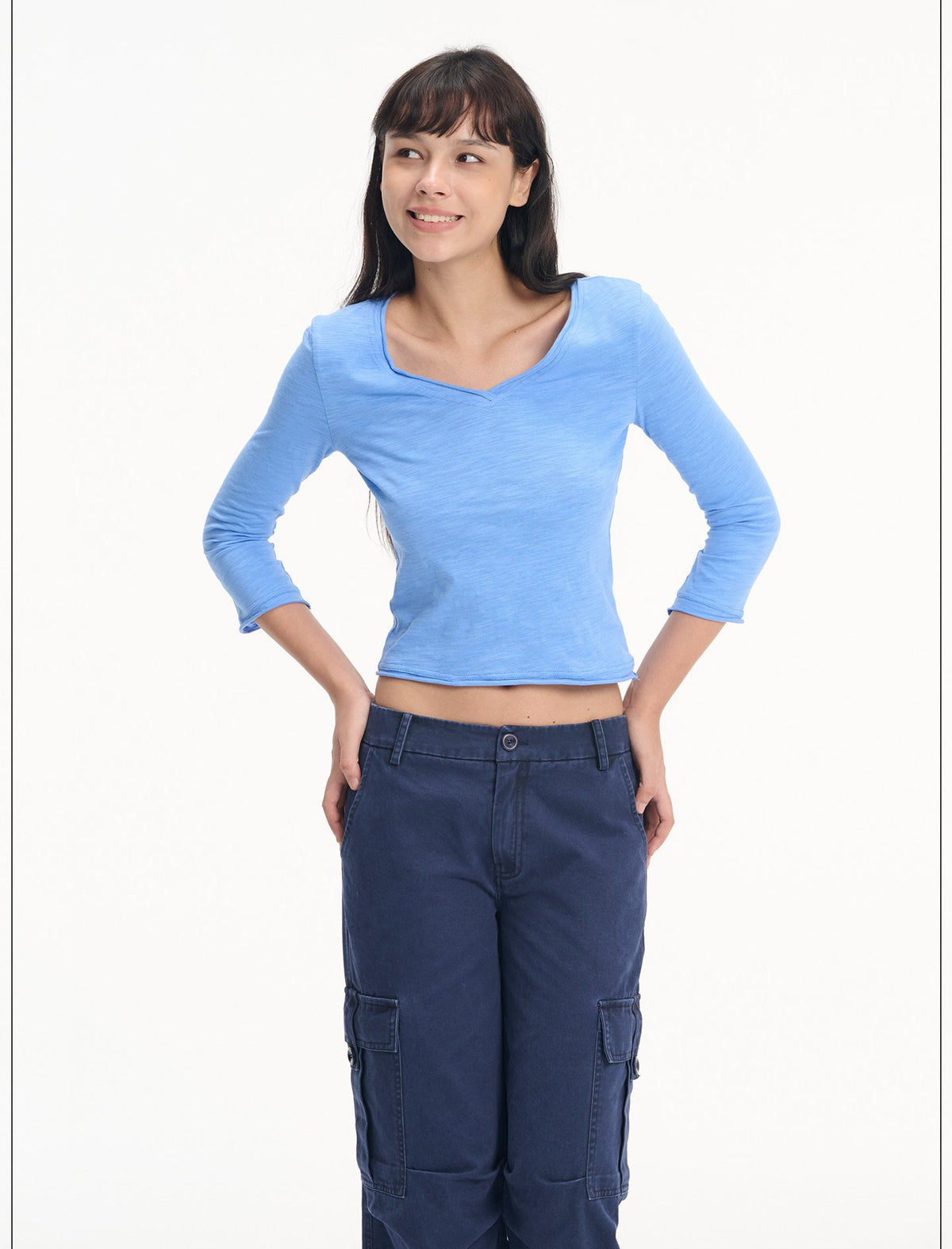 Slub Roll-Up V Neck Top (3color)