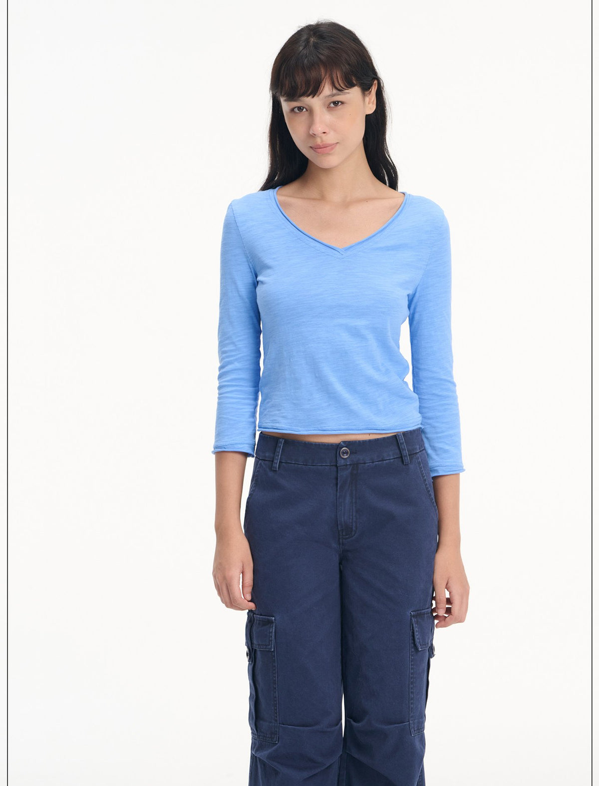 Slub Roll-Up V Neck Top (3color)