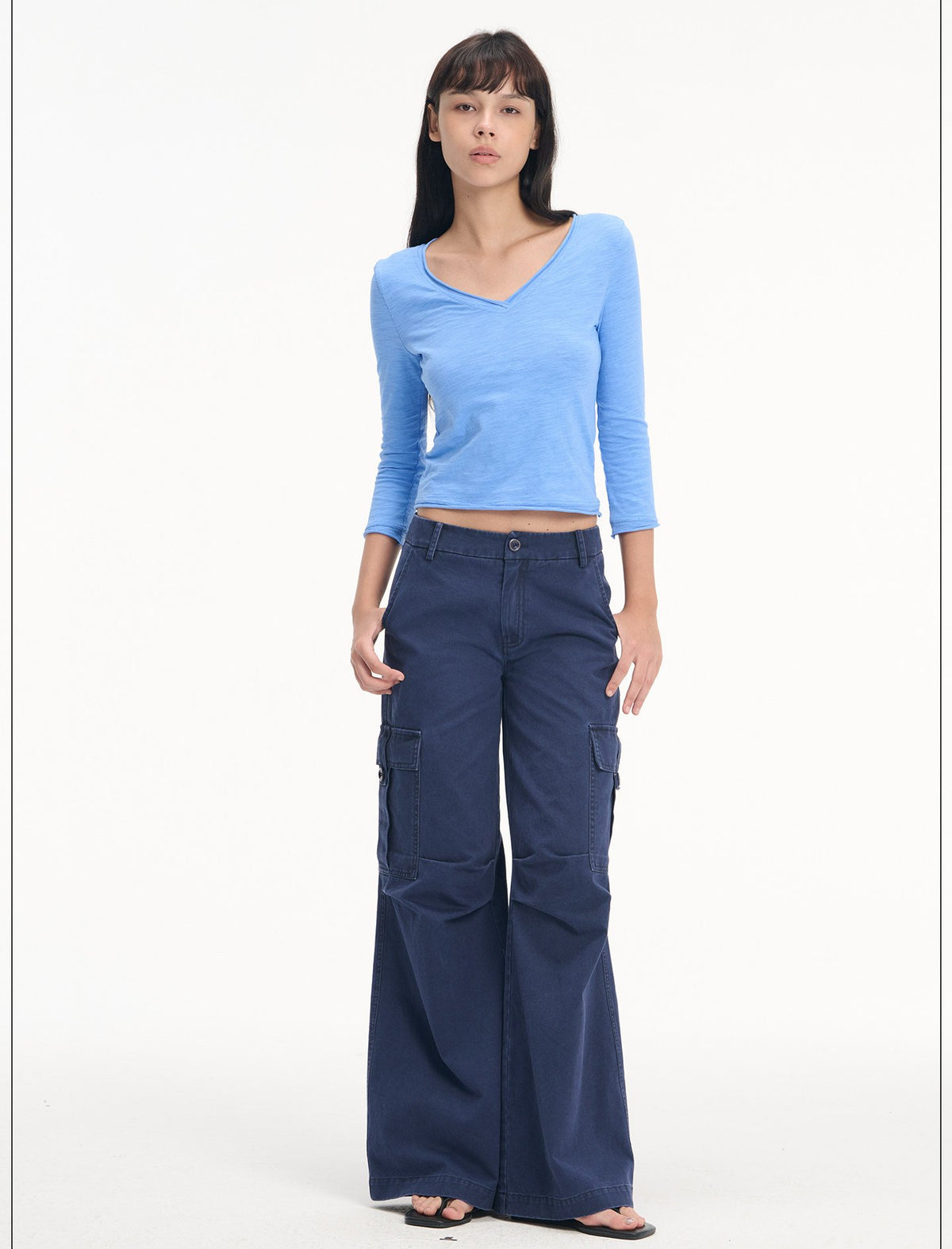 Slub Roll-Up V Neck Top (3color)