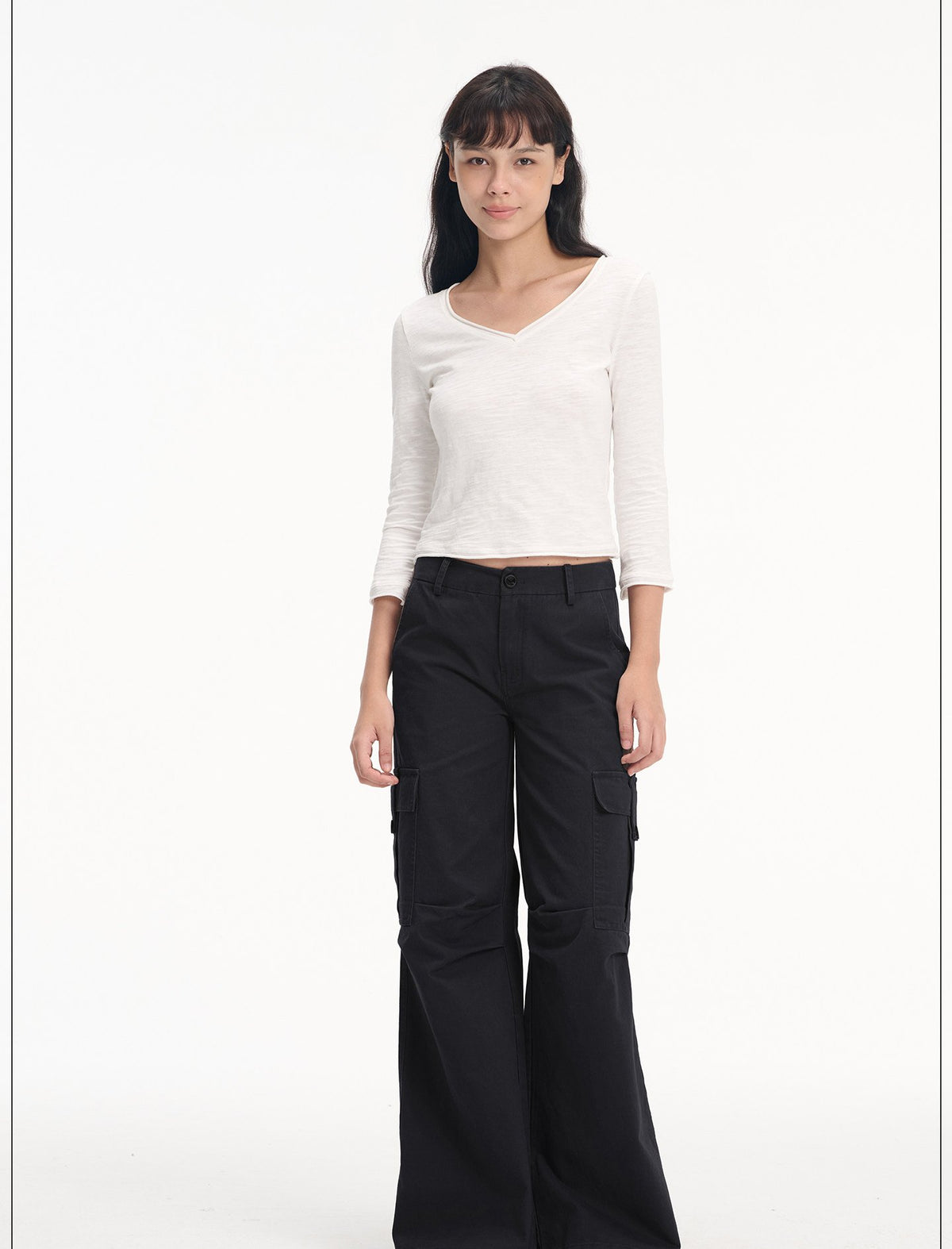 Slub Roll-Up V Neck Top (3color)